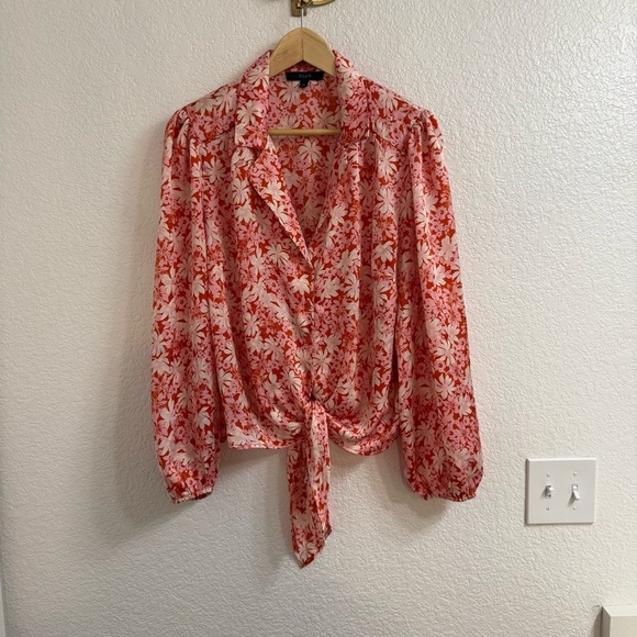 Eclair Blouse Floral Tie Front Button Down Satin Long Sleeve Red Pink Size Large - Picture 1 of 4